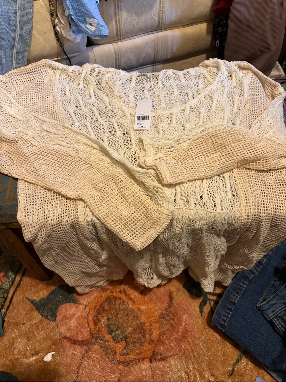 Buckle Cream Open-Weave Sweater